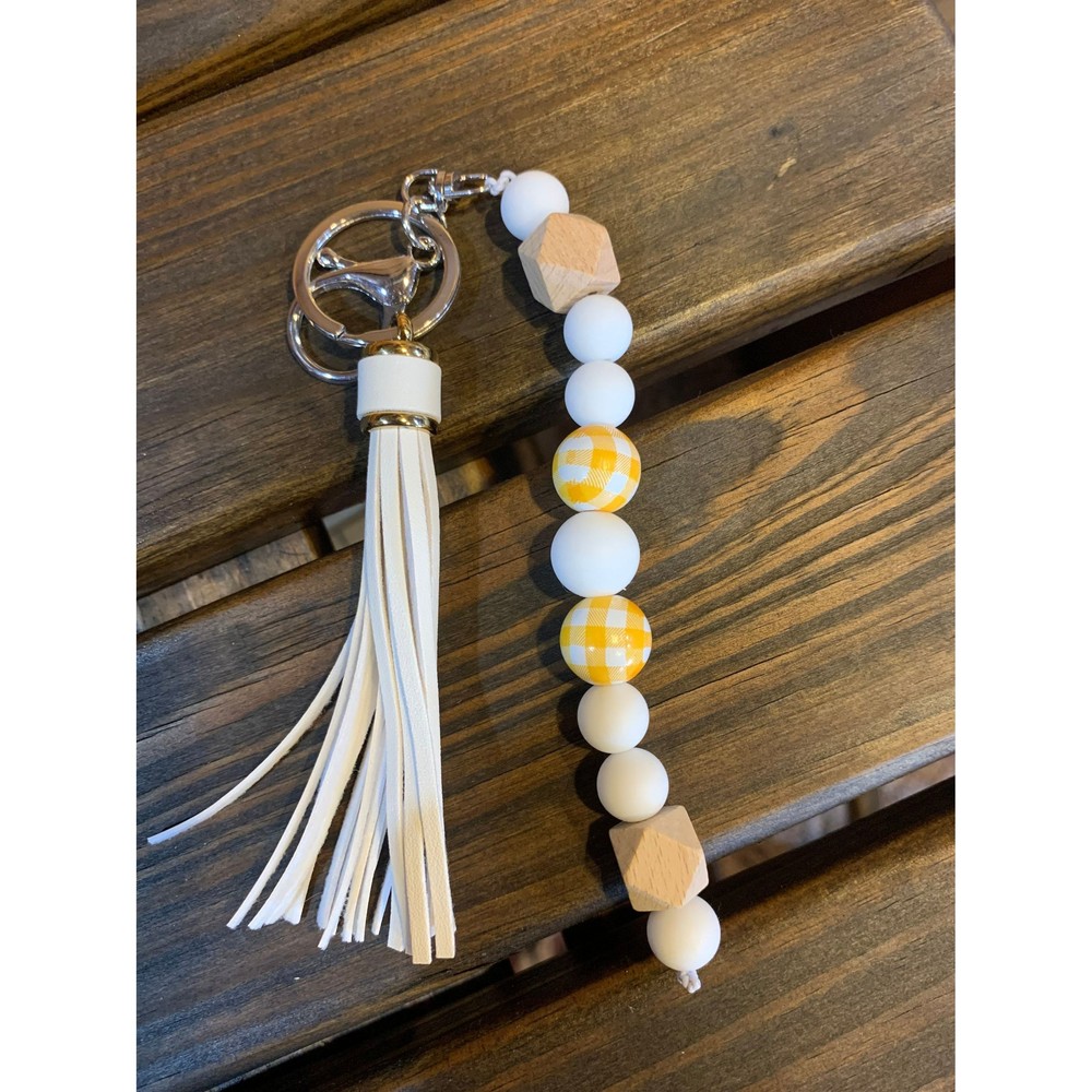 Straight Silicone Wood Bead 15mm Wristlet Yellow Gingham Plaid White Tassel